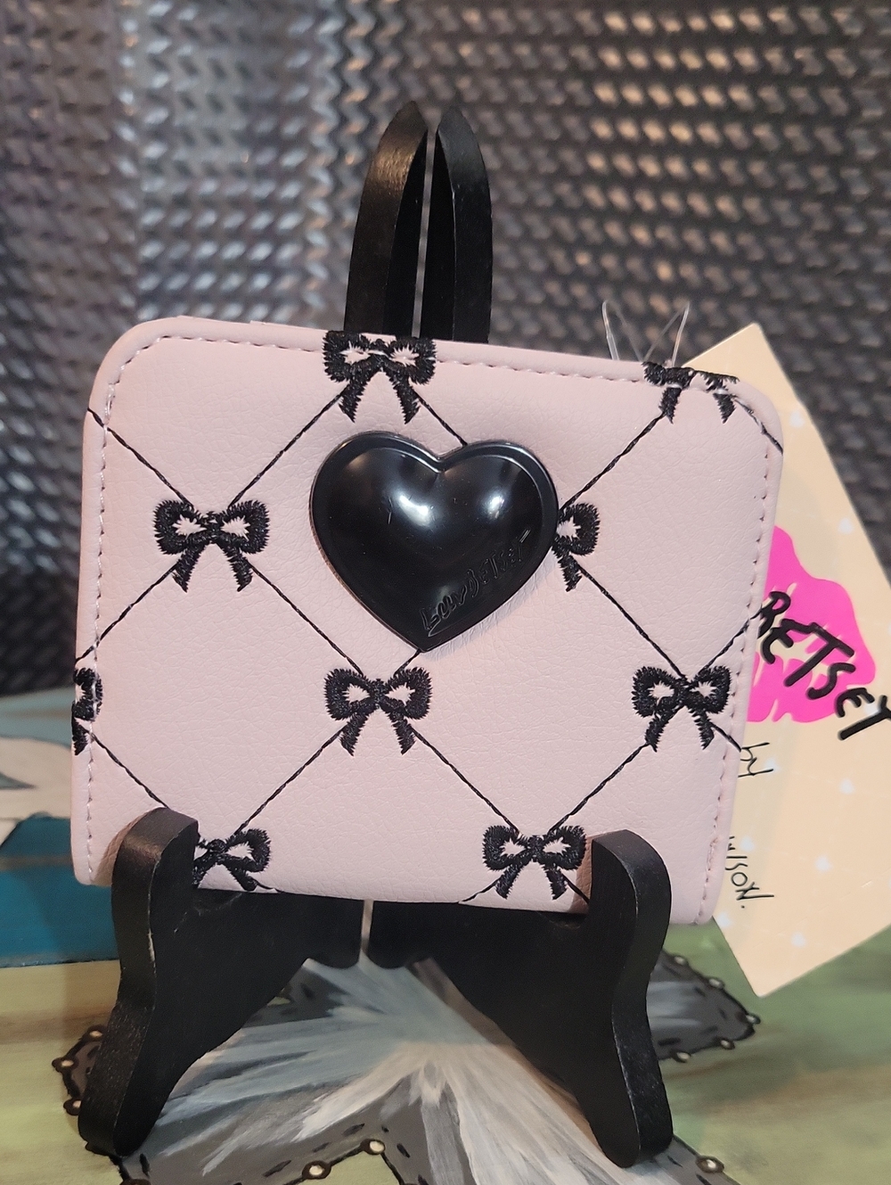 Betsey Johnson Pink Quilted Wallet with Black Bow Accents